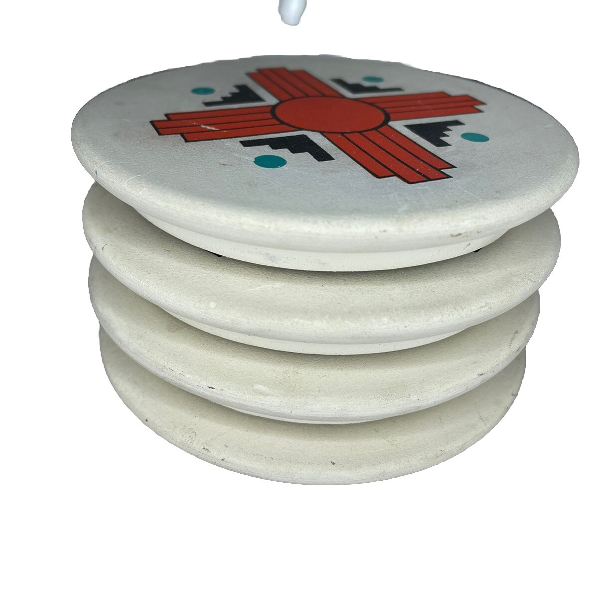 VTG Southwestern Tribal Pottery Coaster Set of 4 White, Orange, Turquoise, Rare