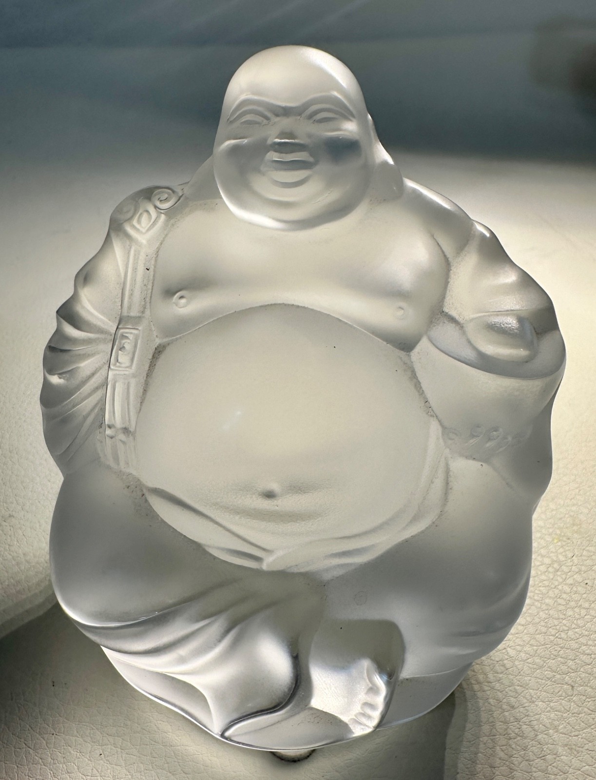Lalique France Glass Happy Hotei Buddha Figurine W Ruyi Scepter Paperweight