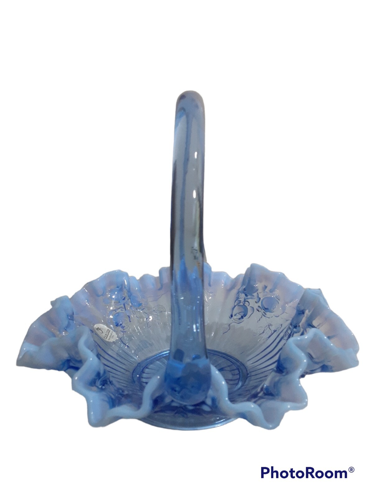 Fenton Glass Bride Basket Raffled Lavender Blue Opalescent Cabbage Rose Vintage