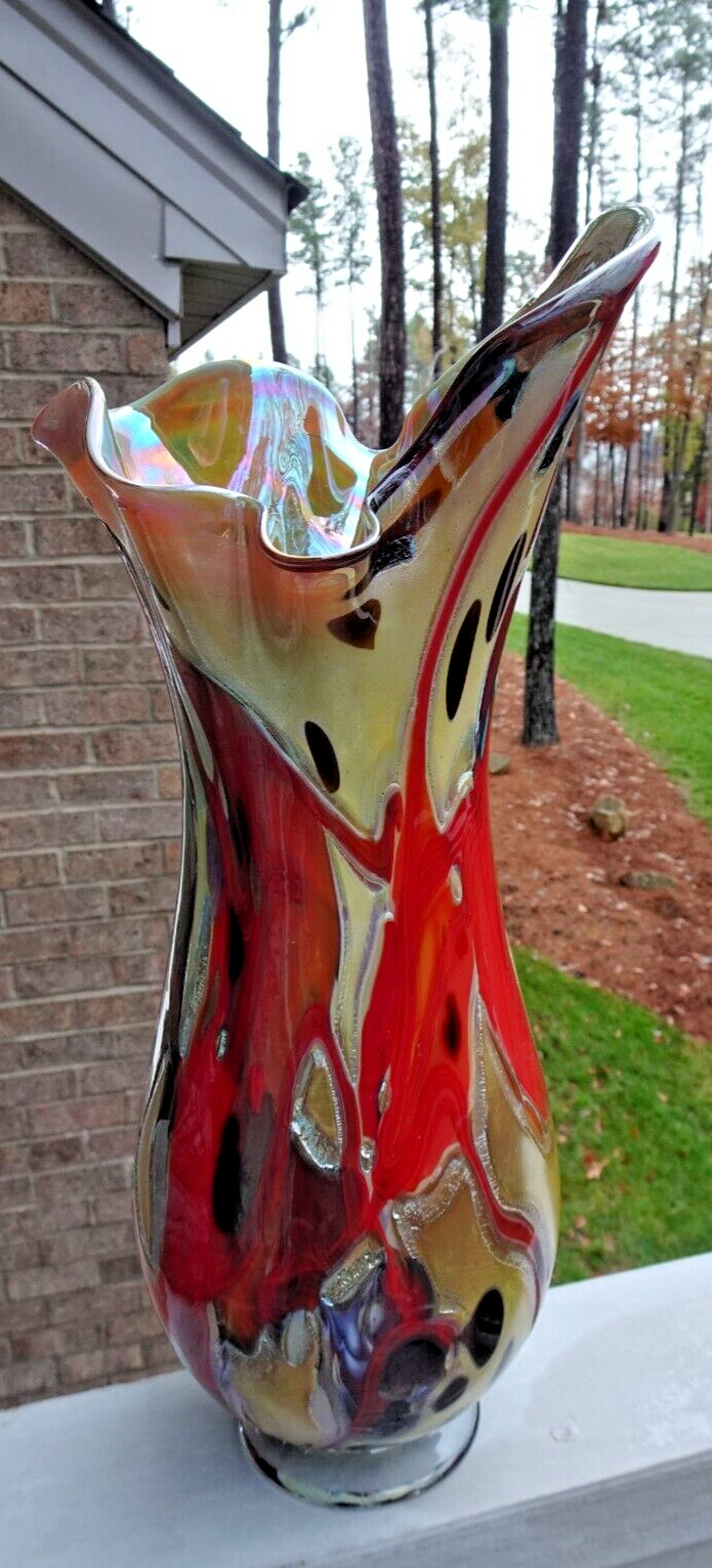 Signed Sy Dowling 14.5″ Freeform Studio Art Glass “Flambe” Vase 2014
