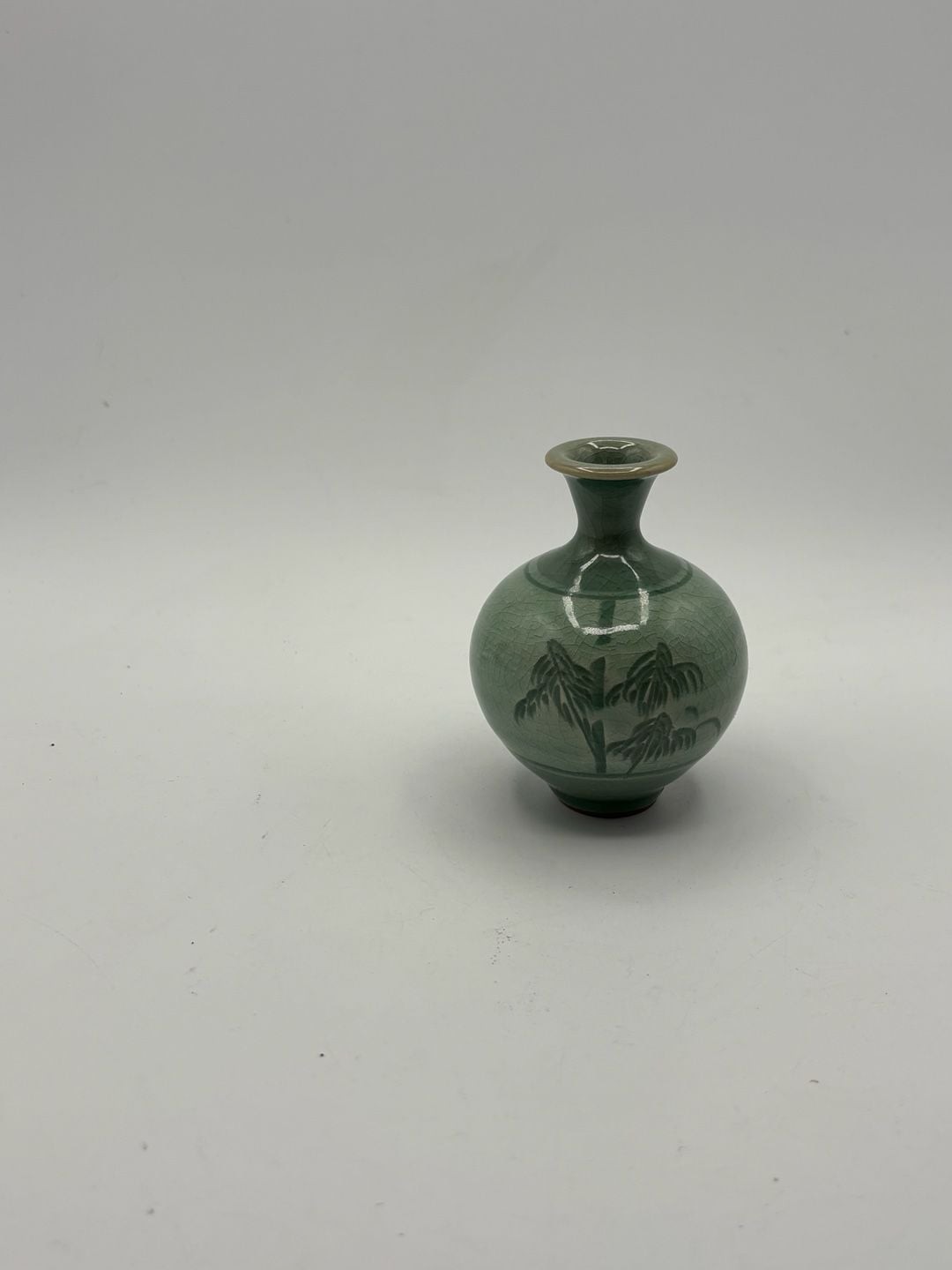 Miniature Celadon Green Crackle Glaze Pottery Vase with Hand-Painted Orchid Moti