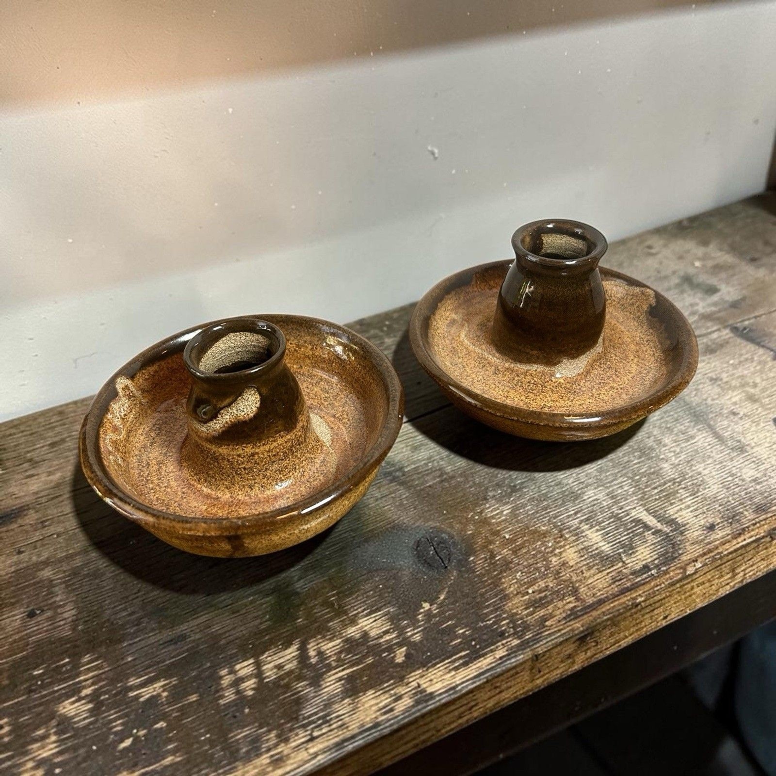 Willow Tree Pottery Candle Holders Set Rustic Brown Glaze Cartersville Georgia