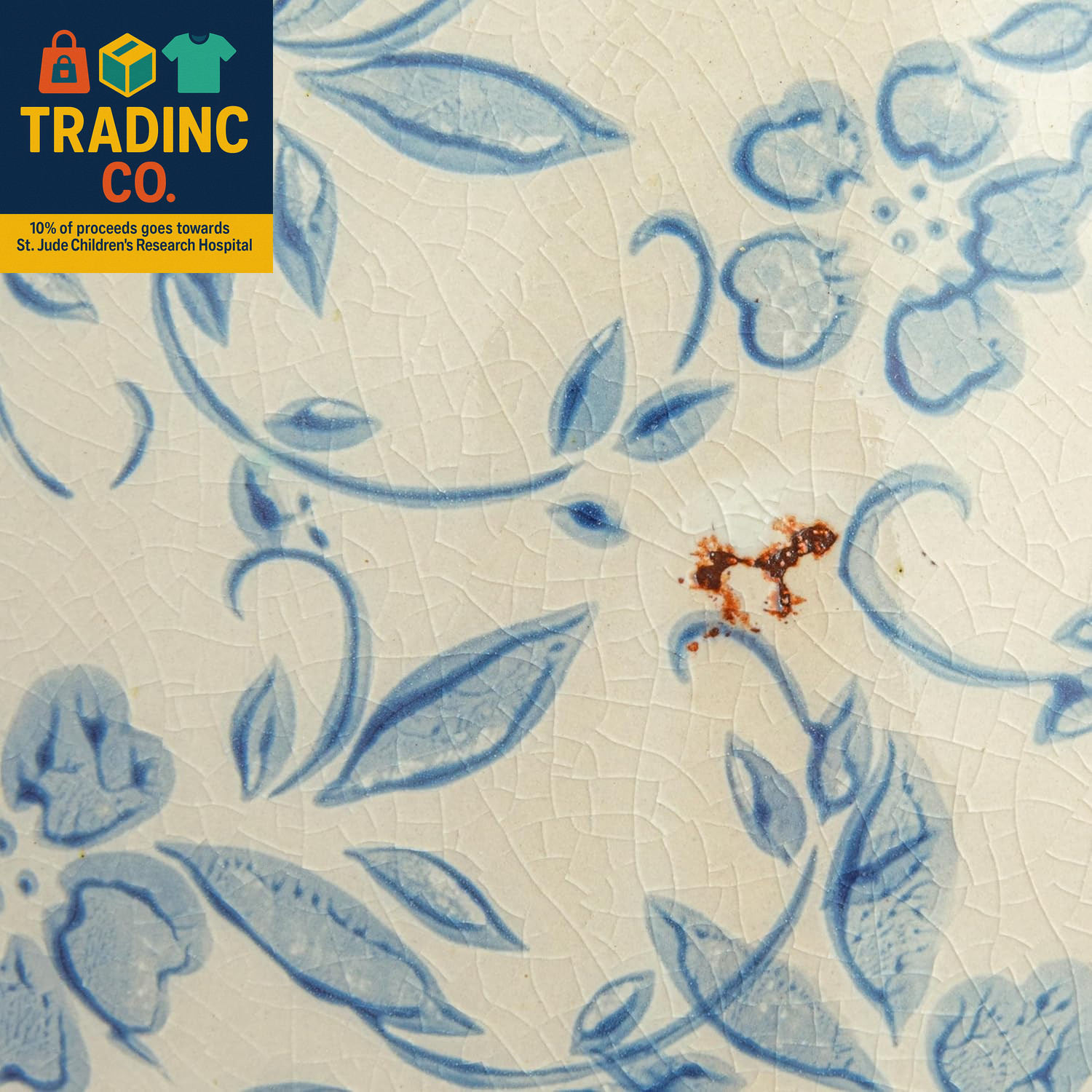 DF2720 8″ H Terracotta Floral Transferware Pattern & Crackle Finish Vase, Blue