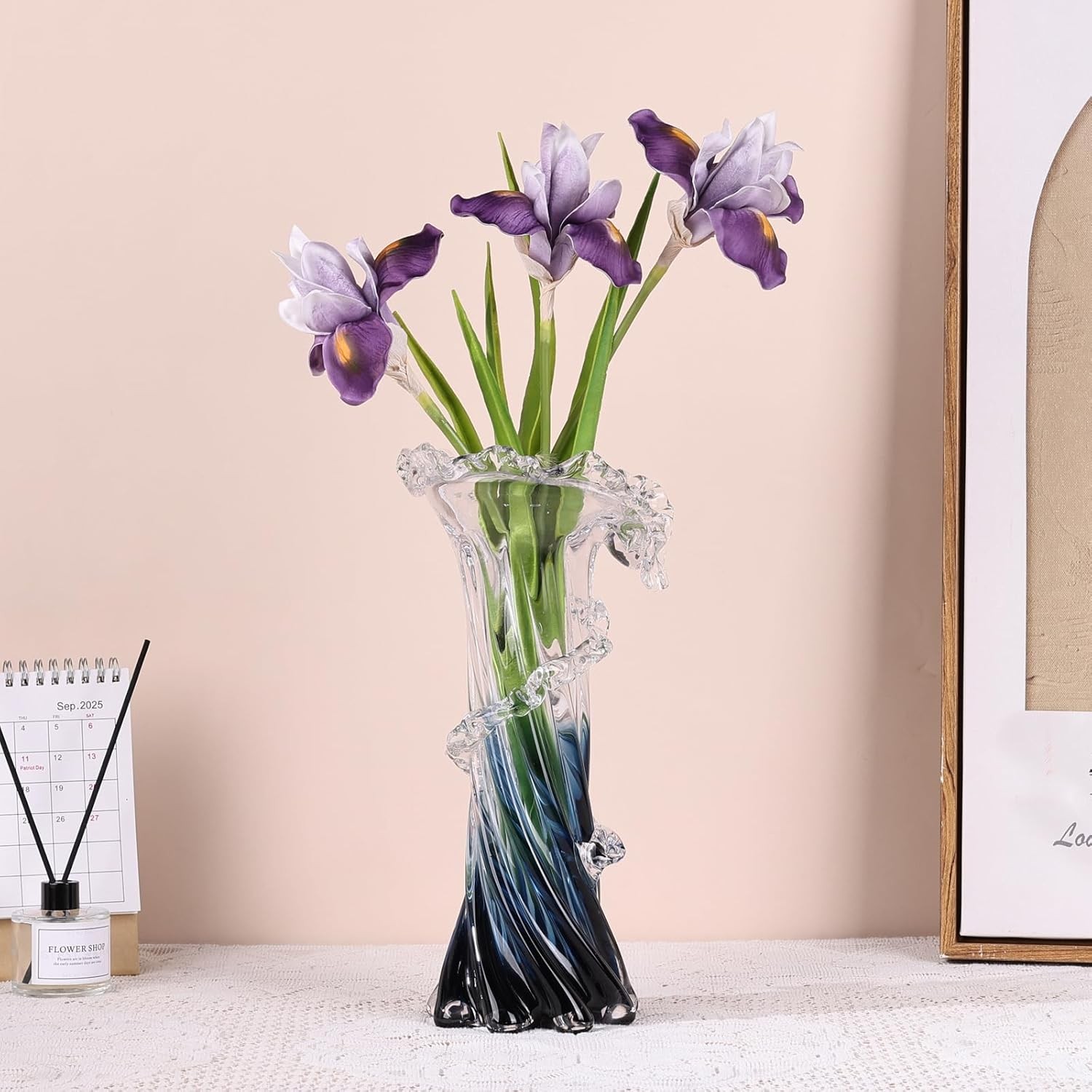 Murano Hand Blown Blue White Clear Gradient Glass Vase Wave Design Art Deco
