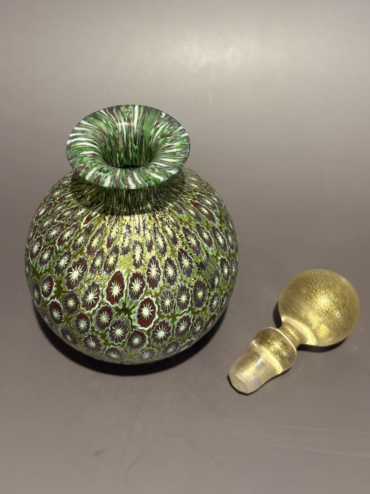 Green, Purple & Gold Millefiore Art Glass Bottle; Bucella Cristalli Murano Label