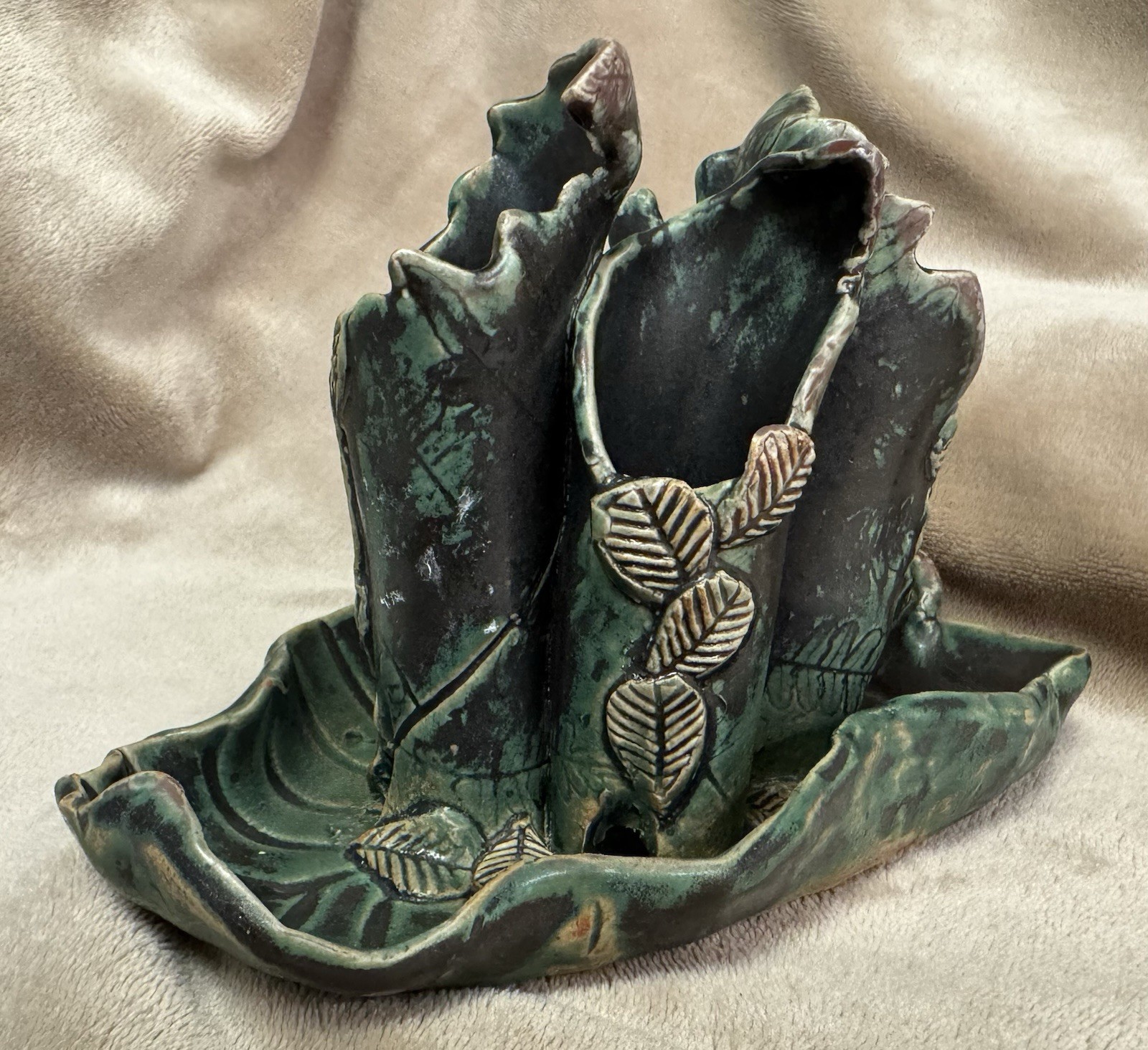 Botanical Earthy Living Goddess Clay Art Signed Leaves Nature Vases Vessel Boho