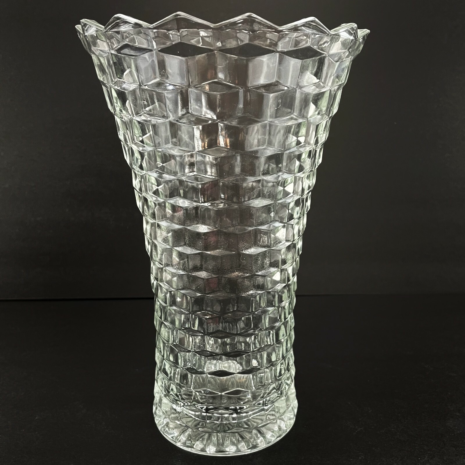 Vintage Fostoria American Flared Floral Vase Cubist MCM Clear Glass Heavy 10″