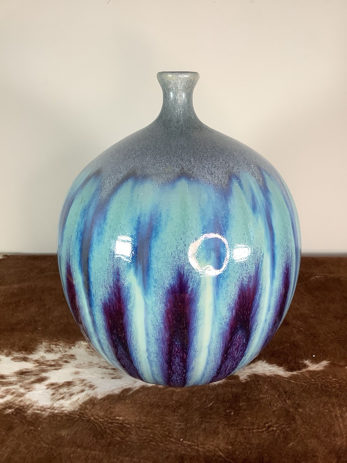 Stunning Modern Pottery Vase Drip Glaze Blue / Purple Stripes 11.5”