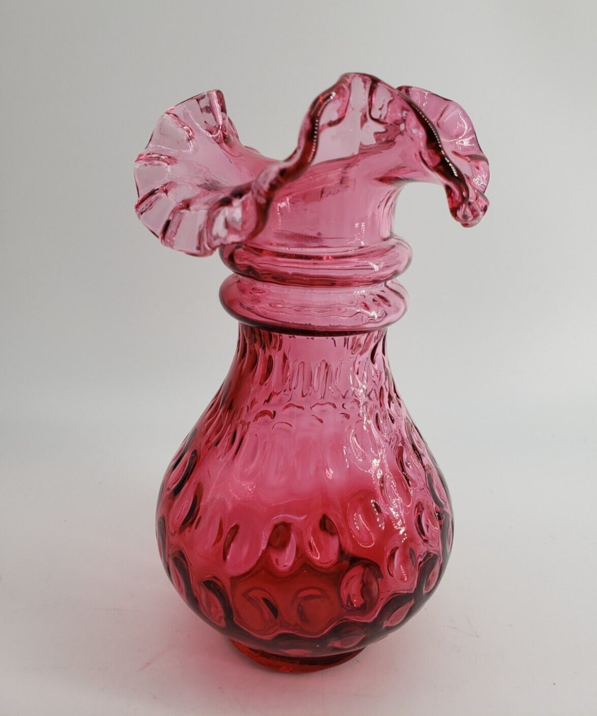 Fenton Cranberry Crimpled Edge Dot Optic Vase 5 3/4in tall