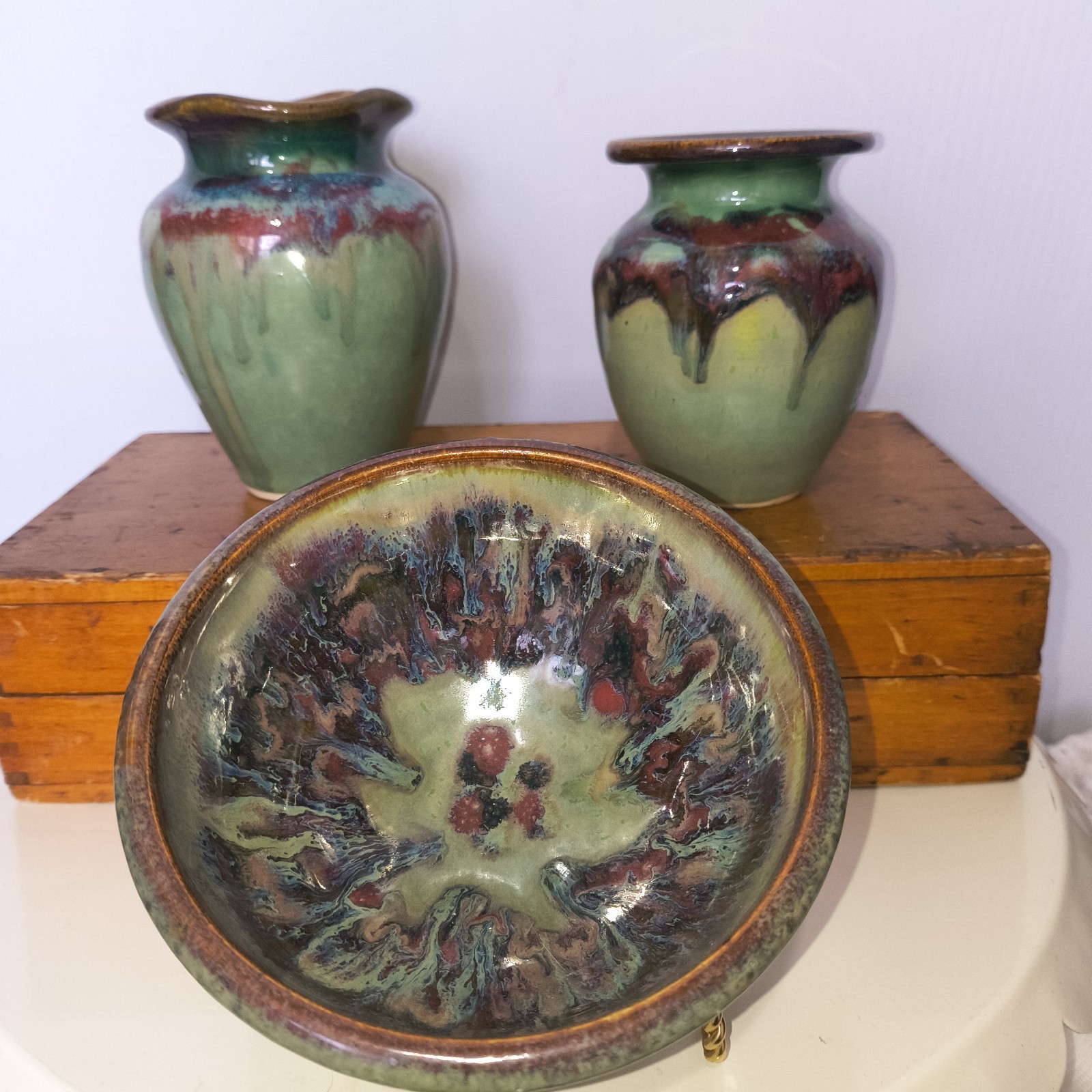 Vintage Studio Art Pottery Vases & Bowl Green & Browns Drip Glaze Set Signed RY