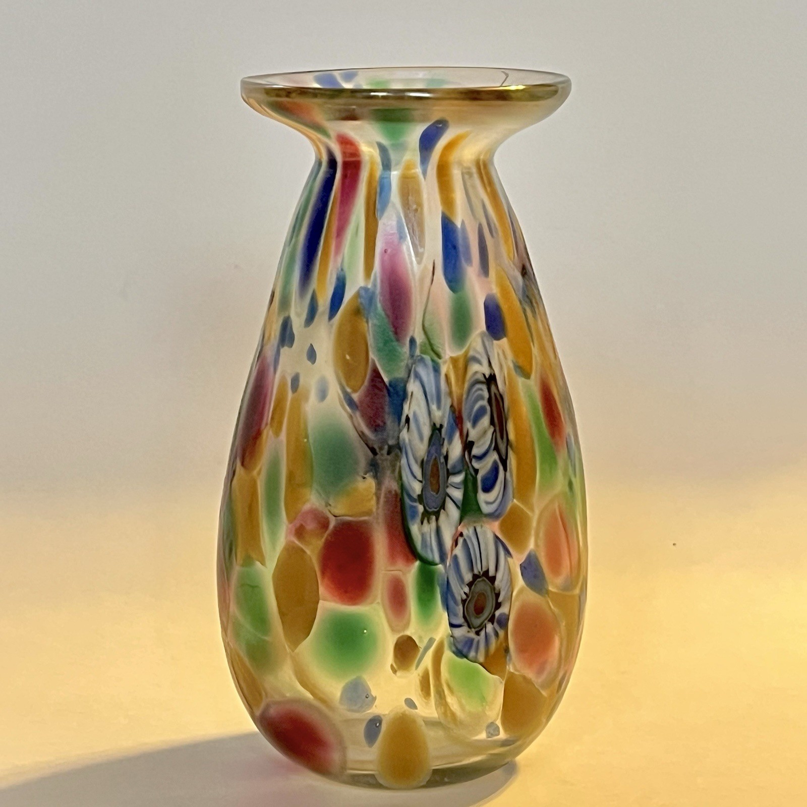 Signed Herb A. Thomas Vase Iridescent Art Glass with Millefiori Floral 5.25″