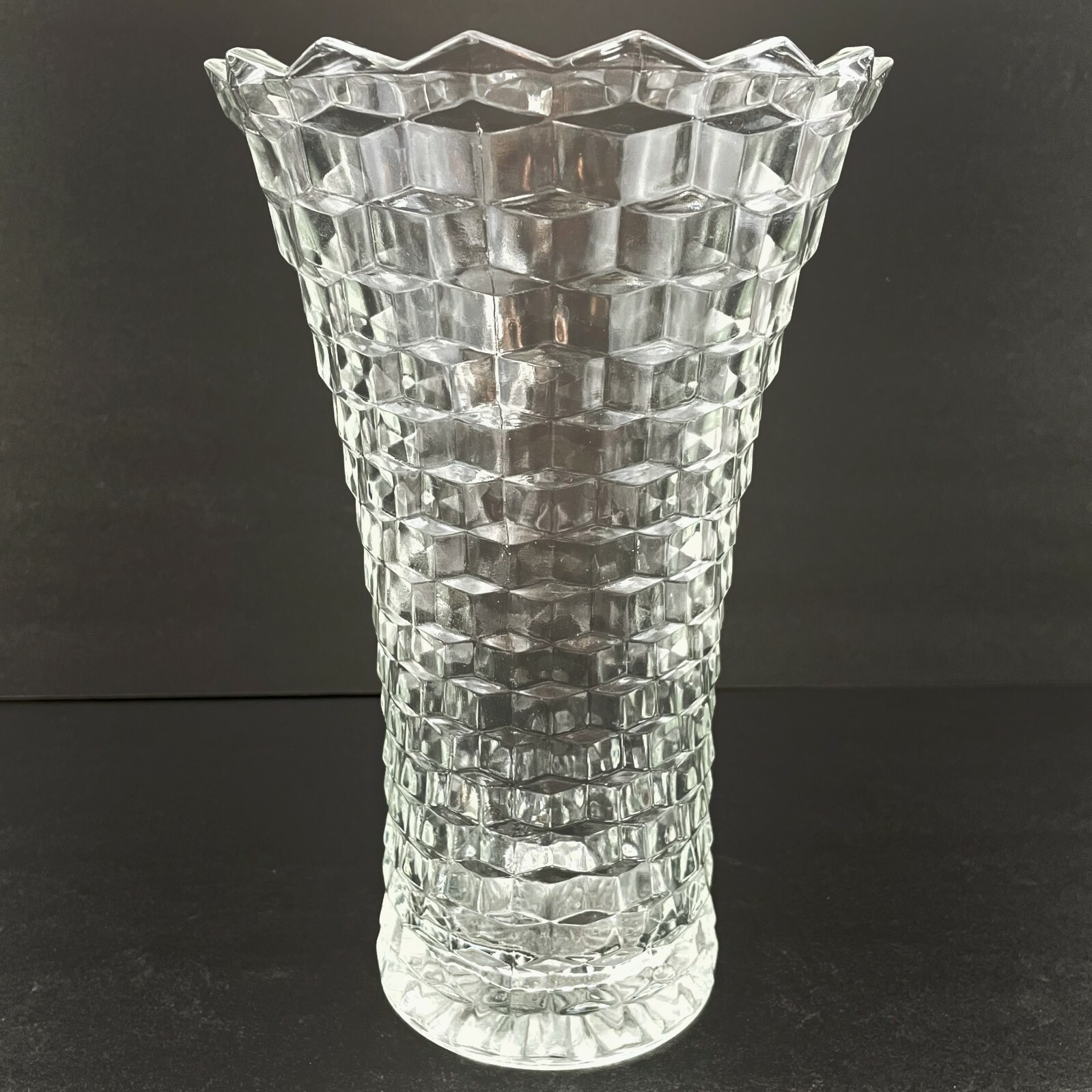 Vintage Fostoria American Flared Floral Vase Cubist MCM Clear Glass Heavy 10″