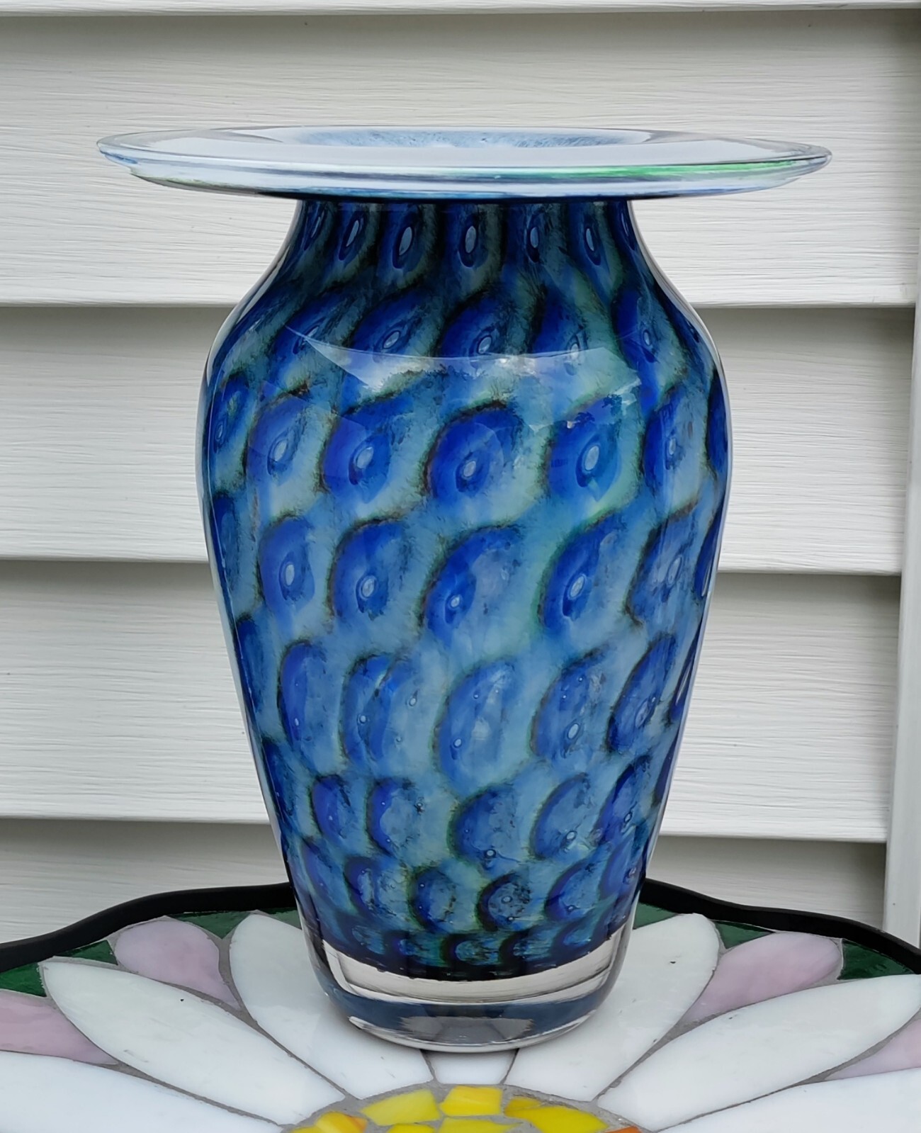 Vintage Heavy Blue Peacock Eye w/Bubbles Flat Top Vase 8.5″ Tall
