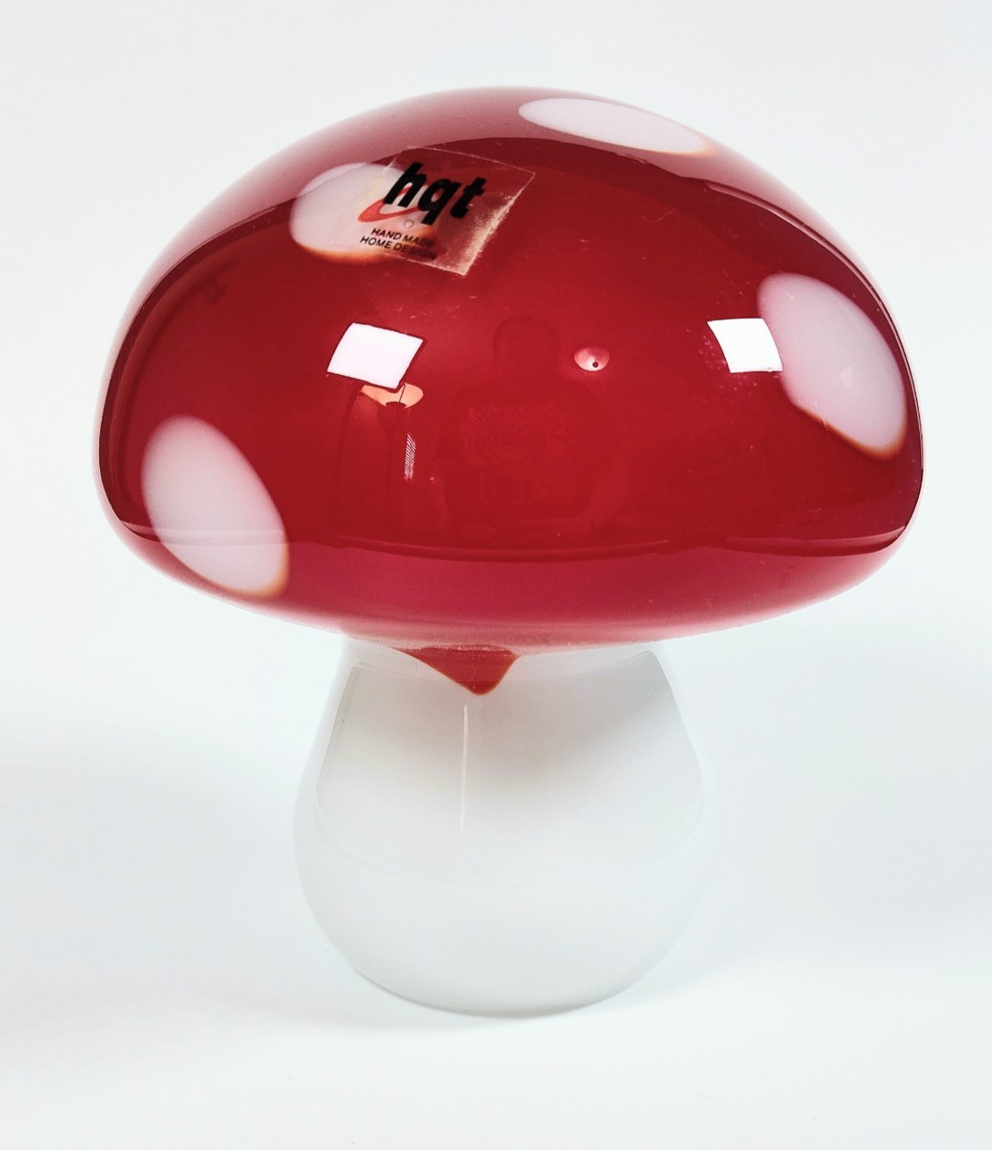 Red and White Toadstool Polka Dot Glass Mushroom Figure 6” w/ Sticker