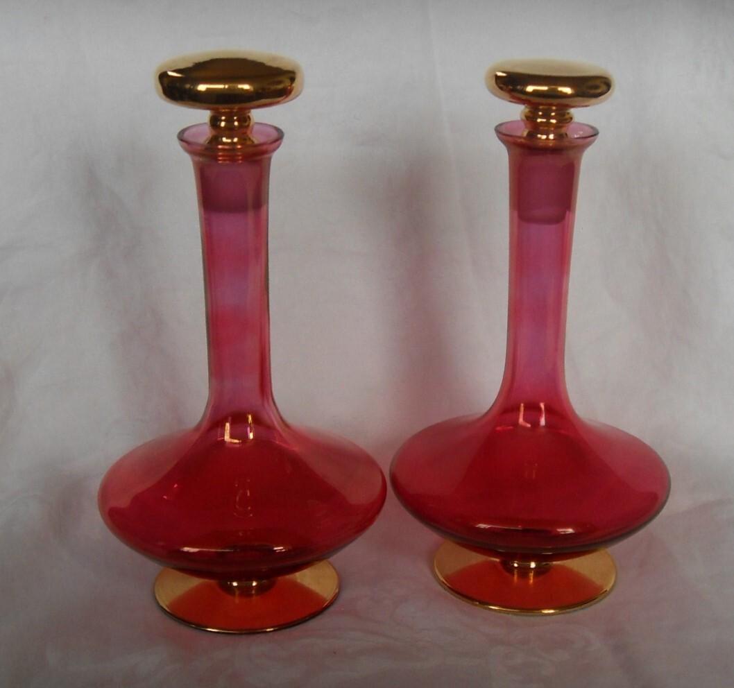 Vtg Cranberry Art Glass Decanter Carafe Bottles w/Gold Gilt Lid IRICE W. Germany