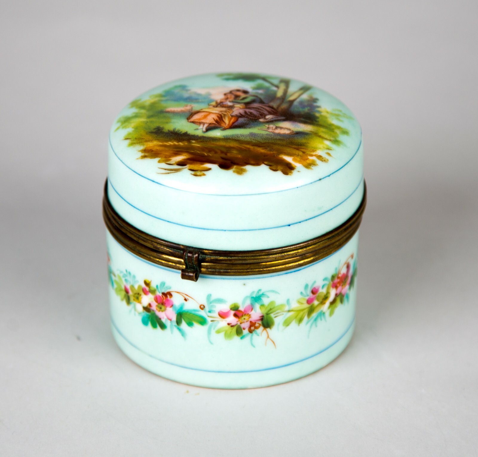 Antique Ceramic Matte Blue Glaze Courting Couple Scene Hinged Trinket Box & Lid