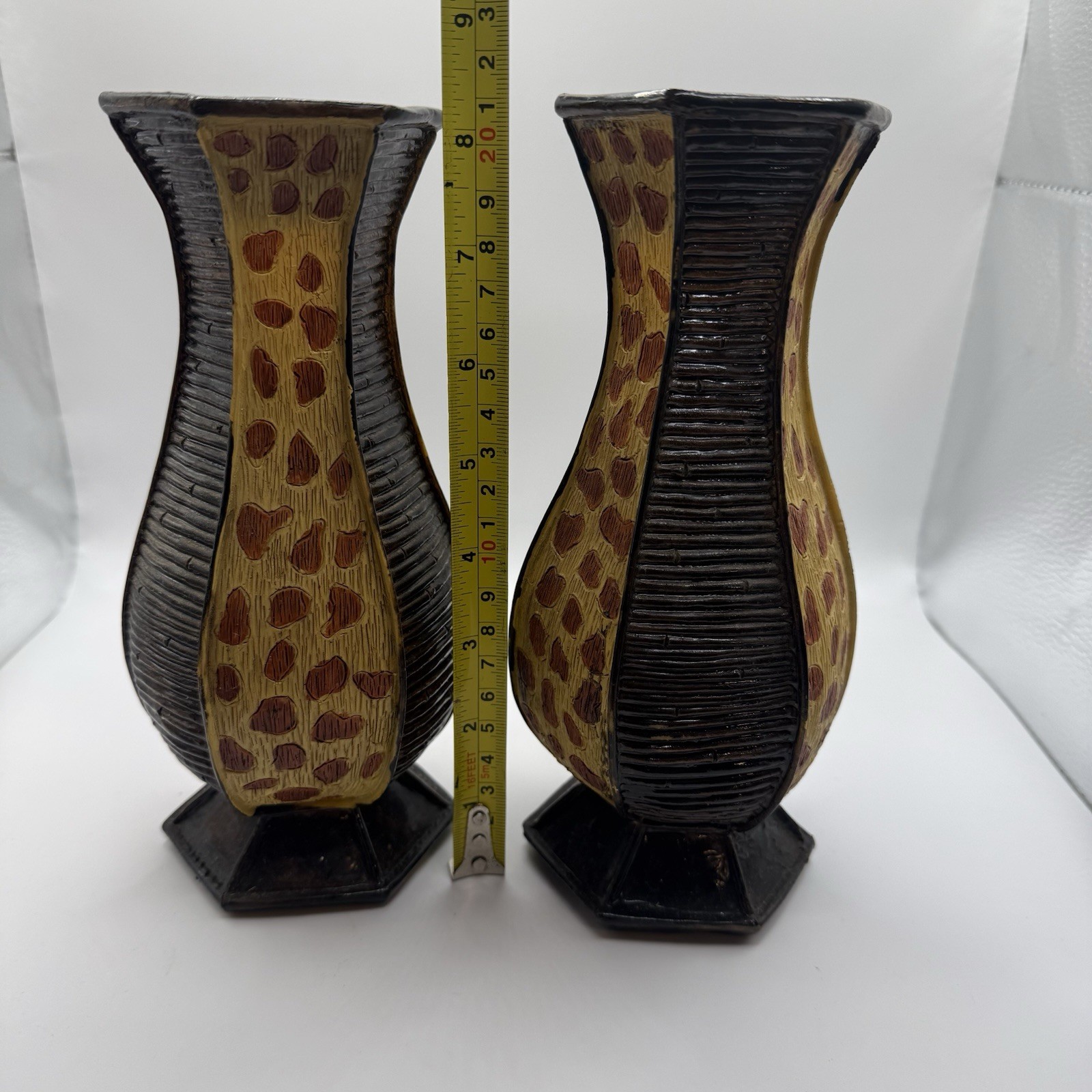 Pair Giraffe Pattern Ceramic Vases Safari Animal Print Art Pottery 8”