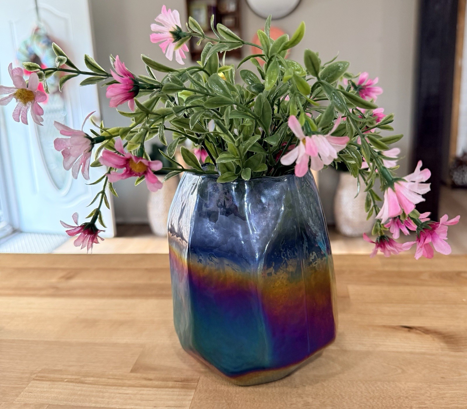 7in Hand Blown Iridescent Abstract Multicolor Art Glass Vase Blue Purple