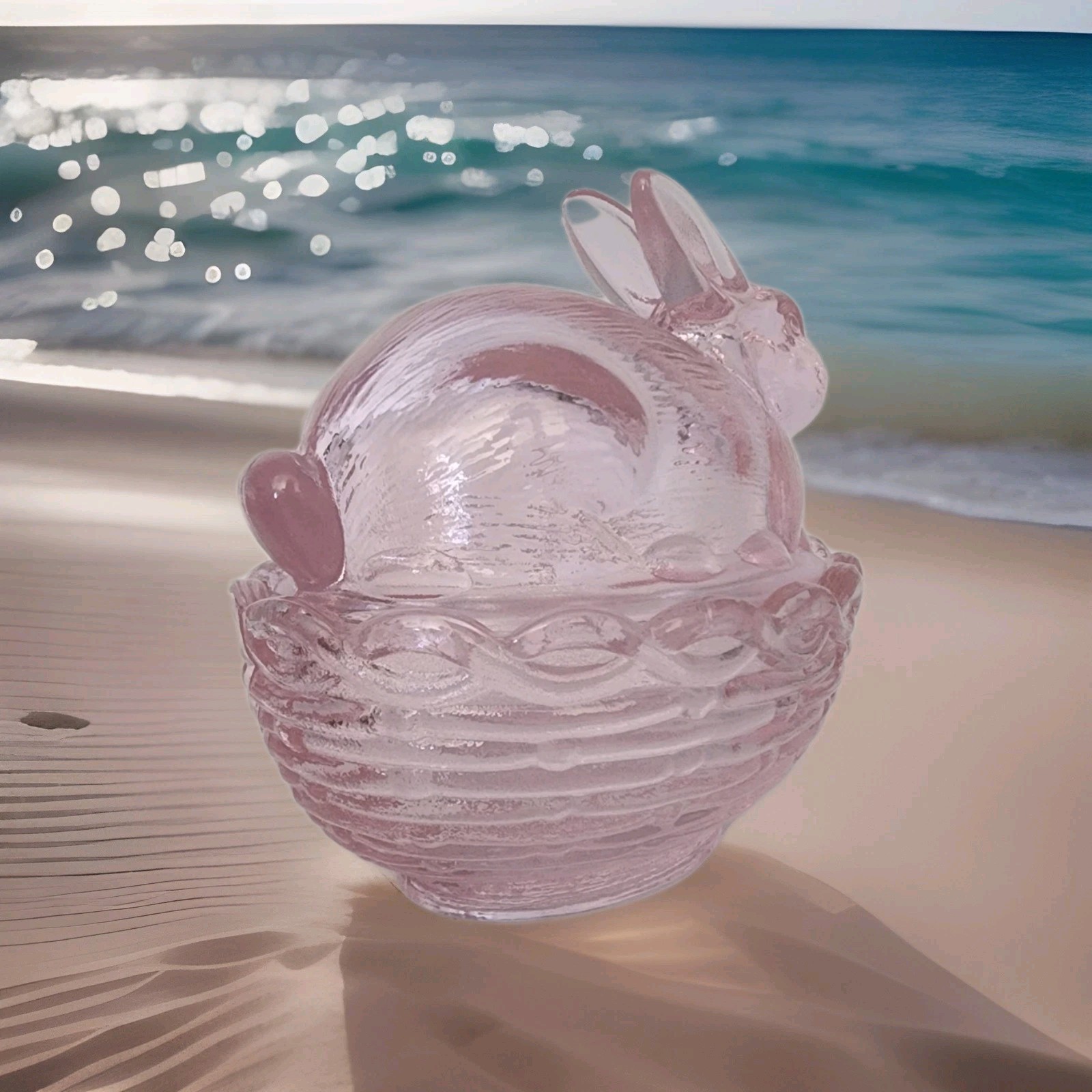 Easter Bunny on Basket Mosser Glass W/ Logo Covered Dish Passion Pink 4″