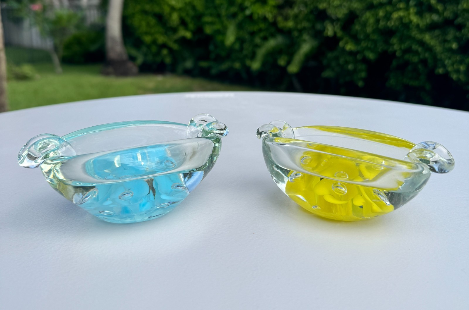 Joe St Clair Art Glass Ashtray Paperweight Pair Blue Yellow Floral Bubble Label