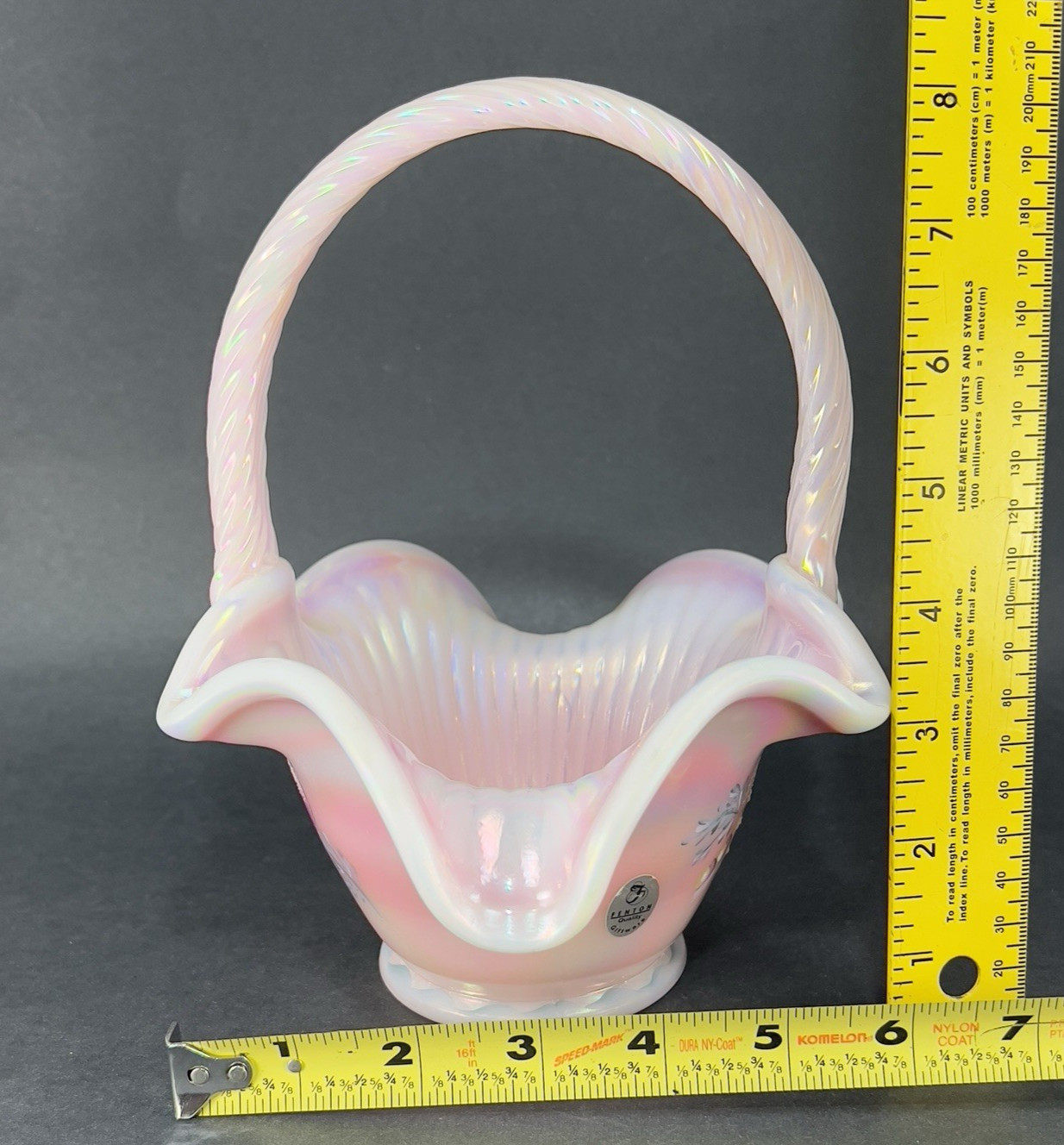 Vtg Lynn & Craig Fenton Glass Basket Rosalene Opalesce Iridescent Pink J Powell