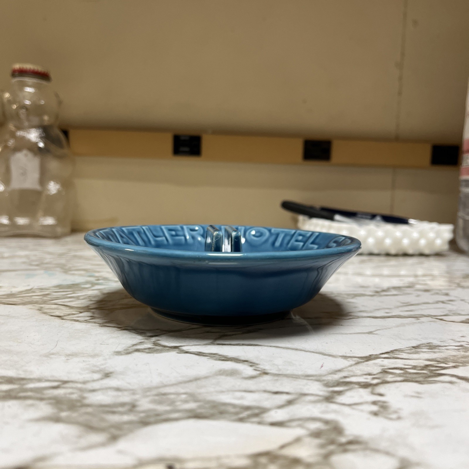 1940s Hotel Statler New York Mid Century Teal Blue Art Pottery Ashtray