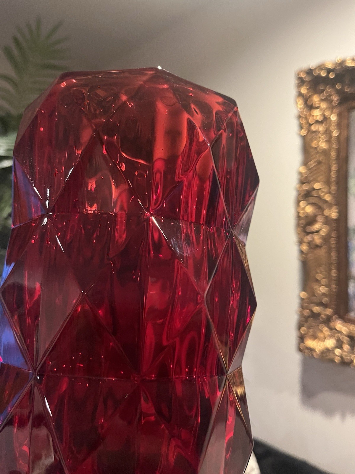 Ruby Red Ribbed Diamond Pattern Crystal Glass Vase Heavy Elegant Quality .