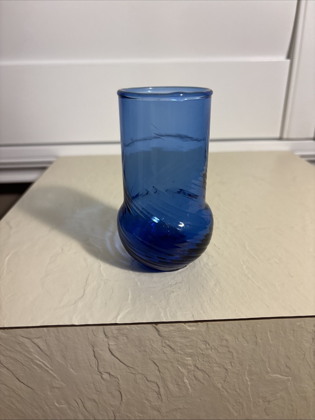 Vtg Hand blown Cobalt Blue Glass Vase 3.3” Swirl Pattern
