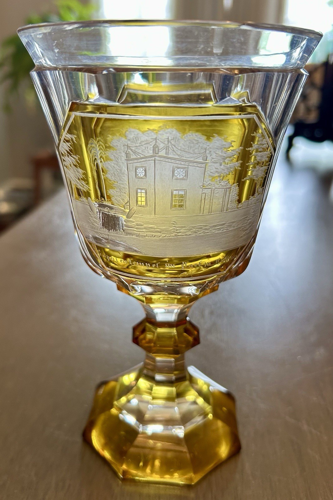 Rare Antique Bohemian Amber Cut to Clear Goblet With Scenes Of 2 Cities 7” Tall
