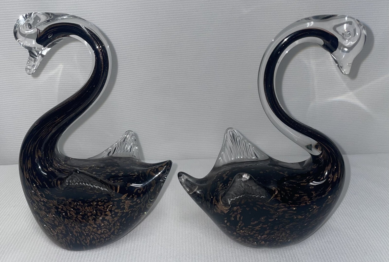 Set Of 2 Glass Swans Clear To Black W/ Gold Specks 6 1/2 Inches High