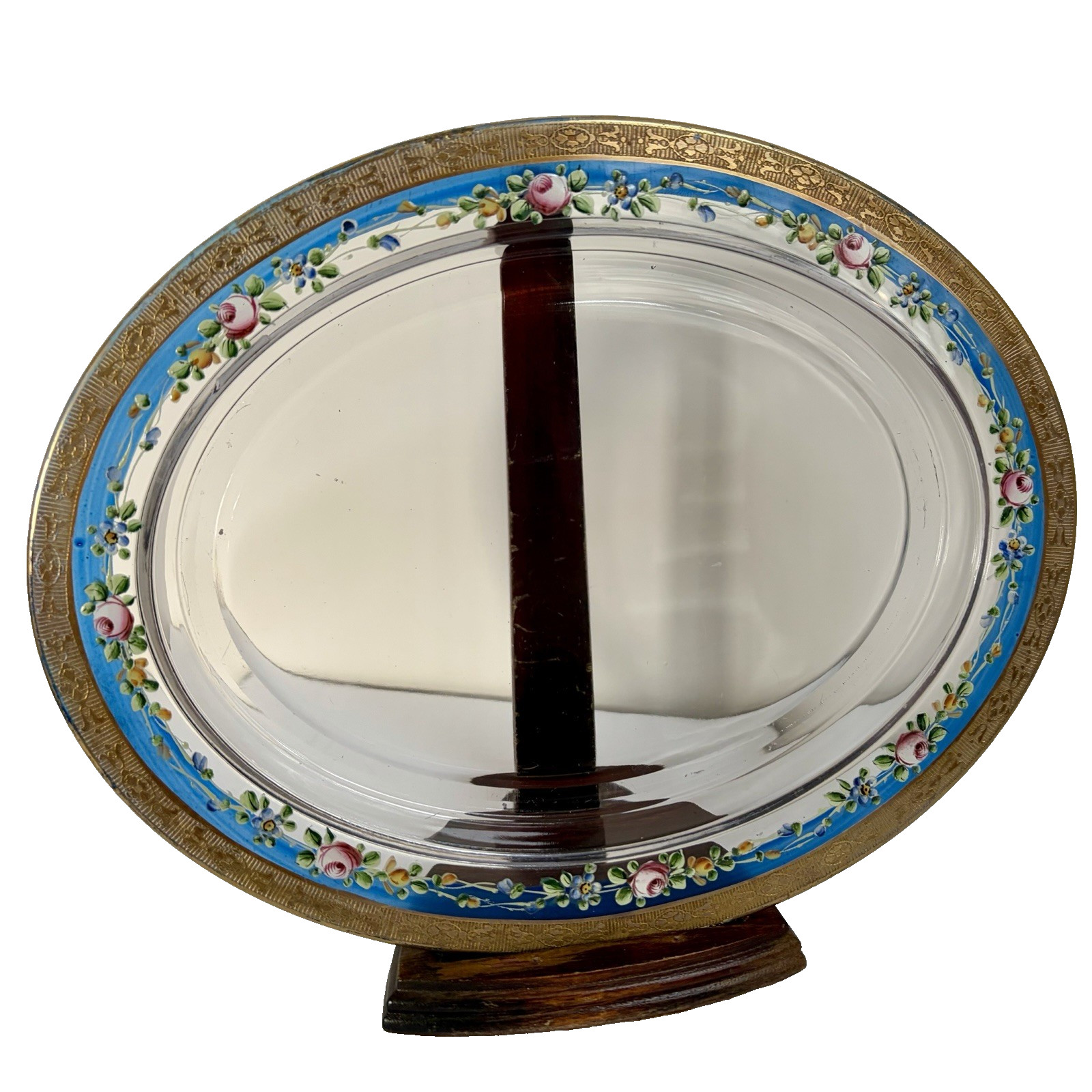 Antique Bohemian Glass Oval Tray Moser Style Gilt Enameled Floral Vanity Platter