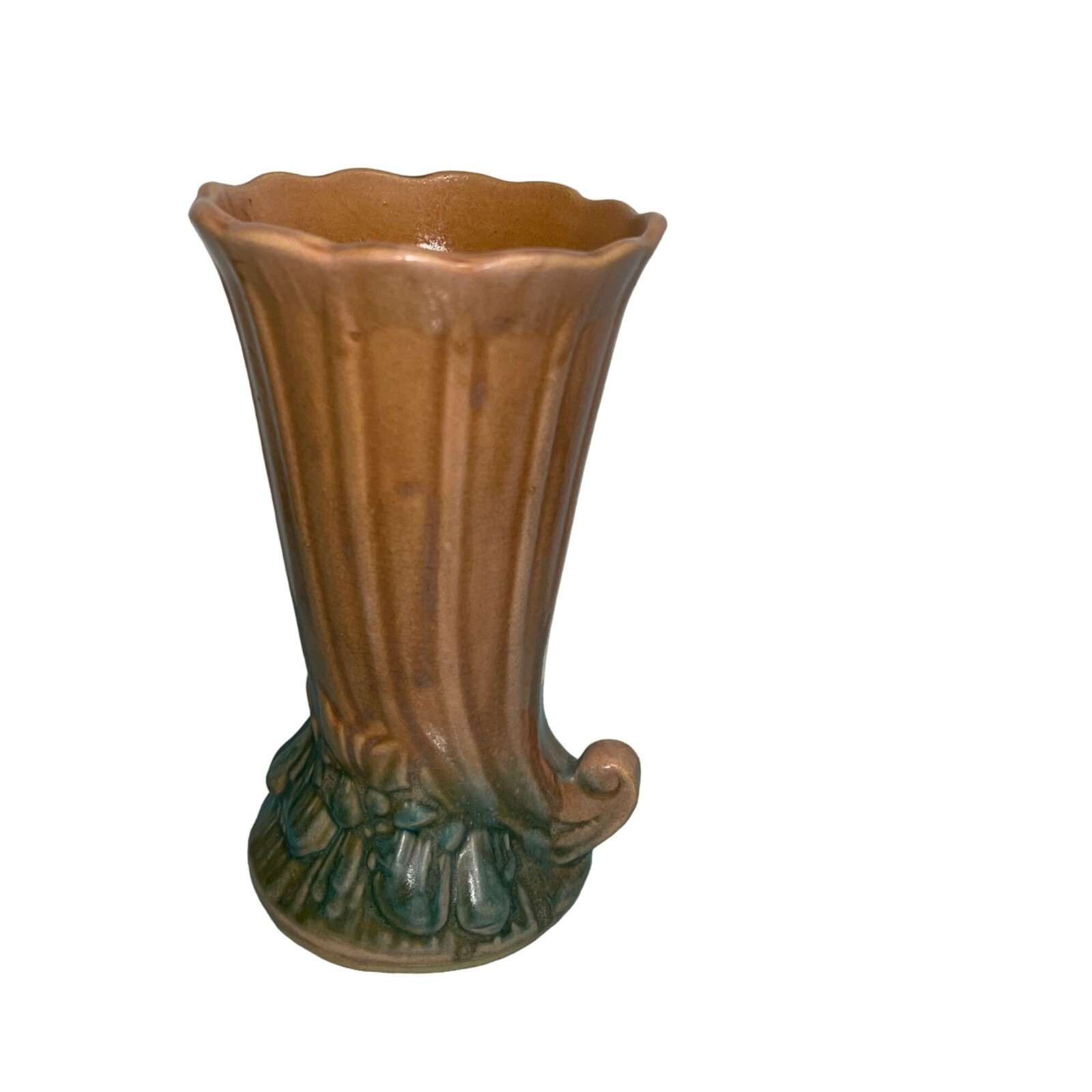 McCoy Cornucopia Vase Vintage Brown Green Leaves And Fruit Design Crazing 1930s
