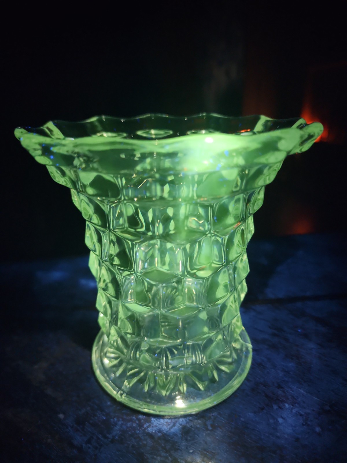 Vintage Fostoria American Cubist Uranium Glass 5.5” Straight Side Cylinder Vase
