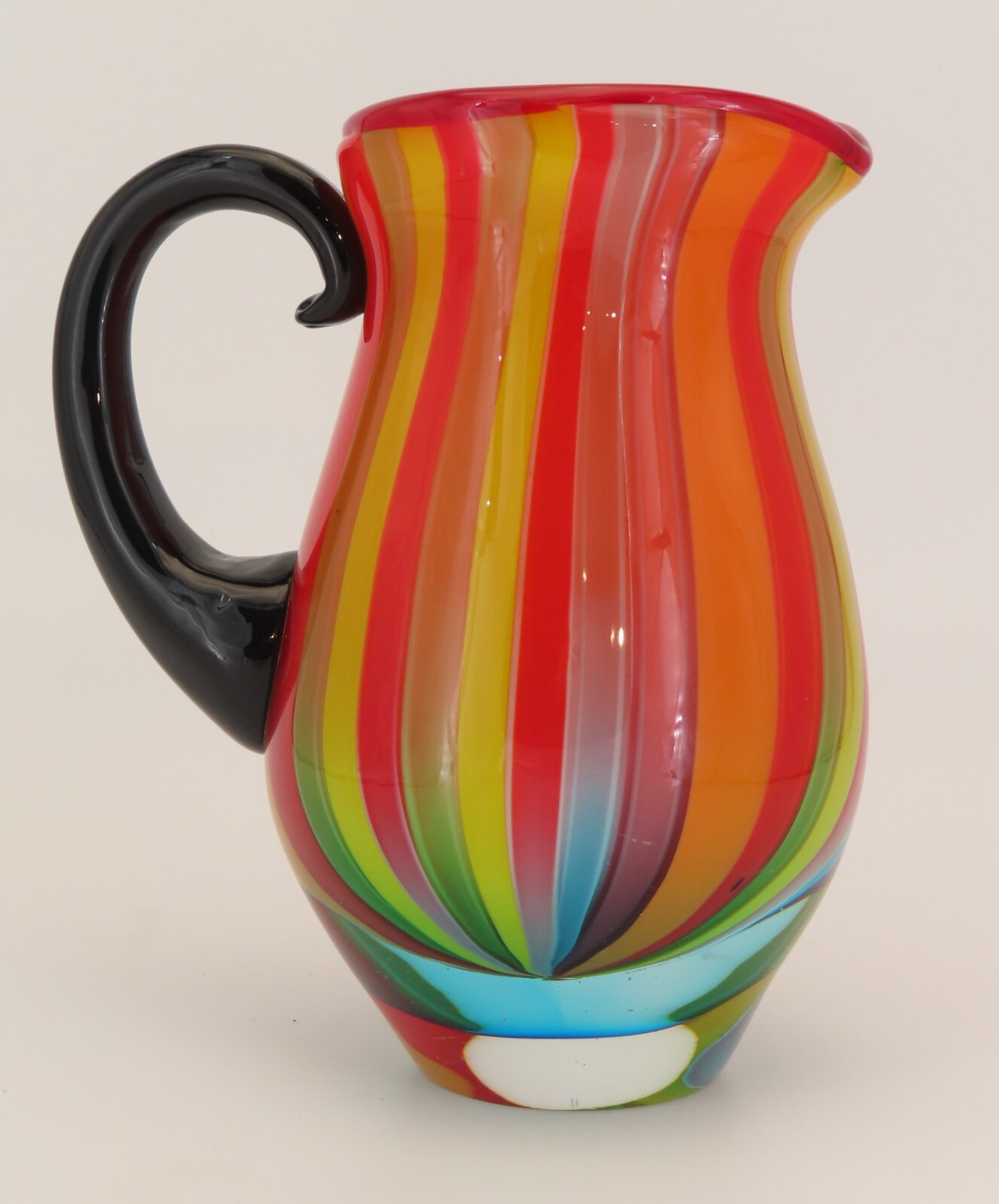 Vibrant Multi Colored Striped Sommerso Base Heavy Art Glass Pitcher Vase 9” High