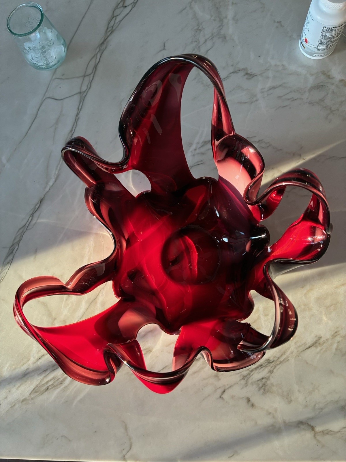 Large 14.5” Krosno Jozefina Red Black Art Glass Vase –Polish Sculptural Freeform