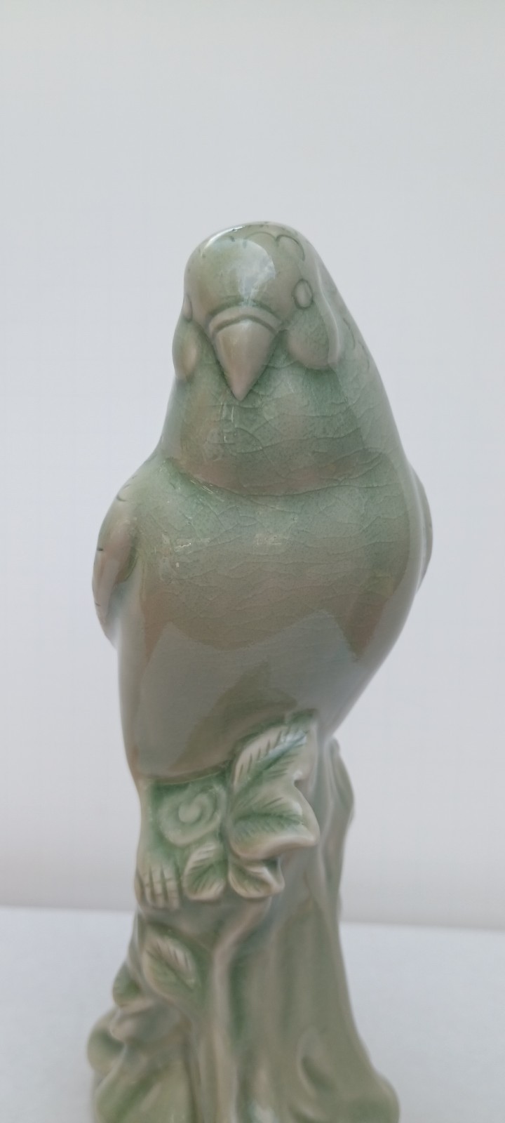 Vintage Pottery Celadon Porcelain Green Bird Parakeet 7.75” Figurine MCM