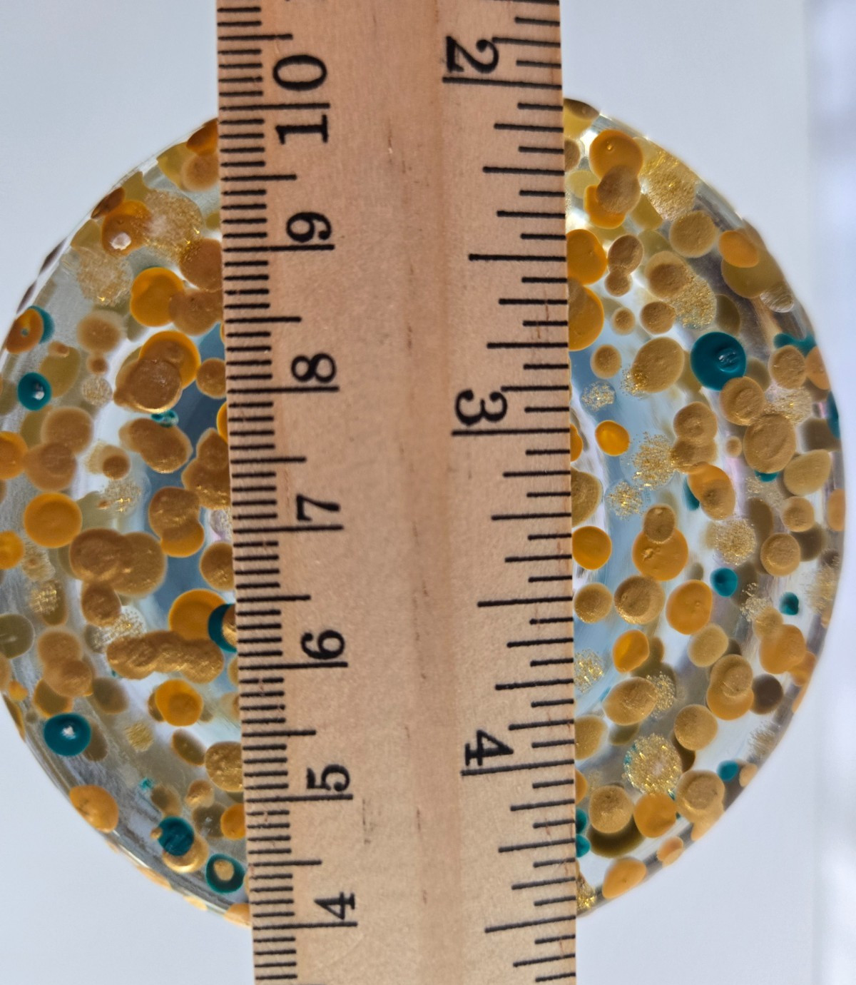 Gold & Teal Confetti & Clear Glass Art Glass Vase 8″. Measures 3.5 x 2.75 in.