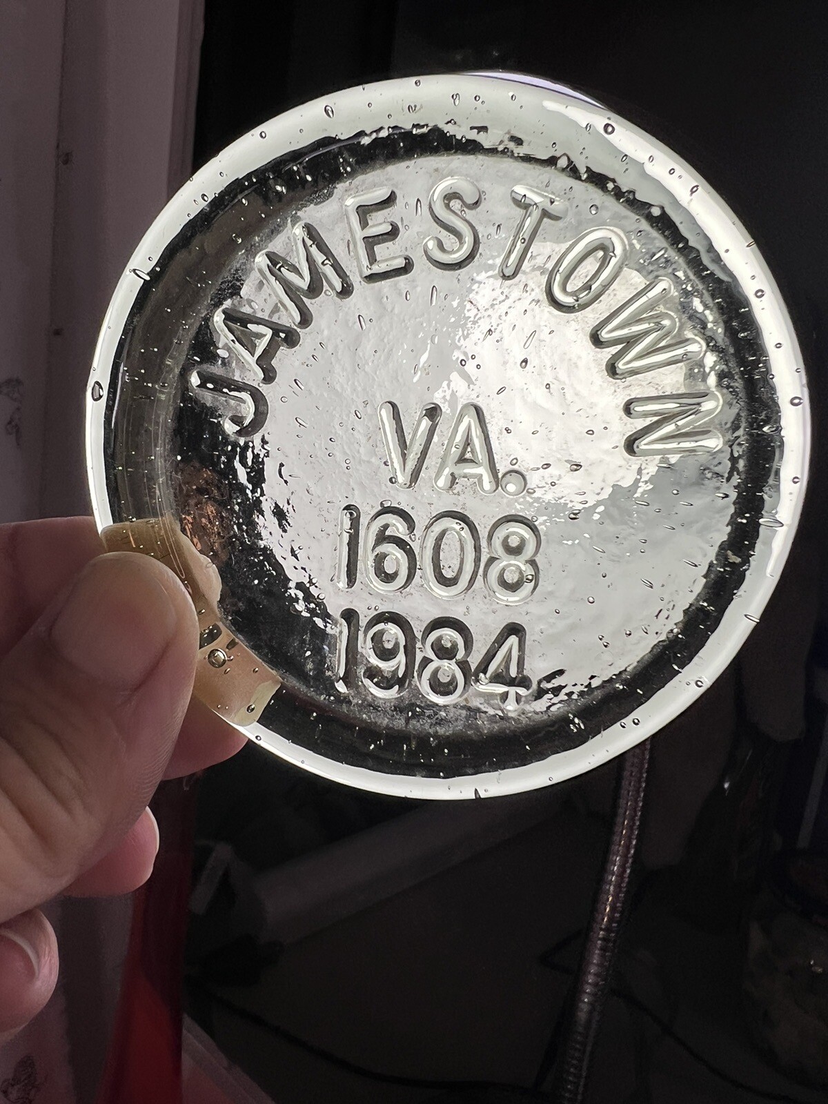 Jamestown VA 1608-1984 Green Glass Souvenir Coaster Paperweight Sun Catcher 3.25
