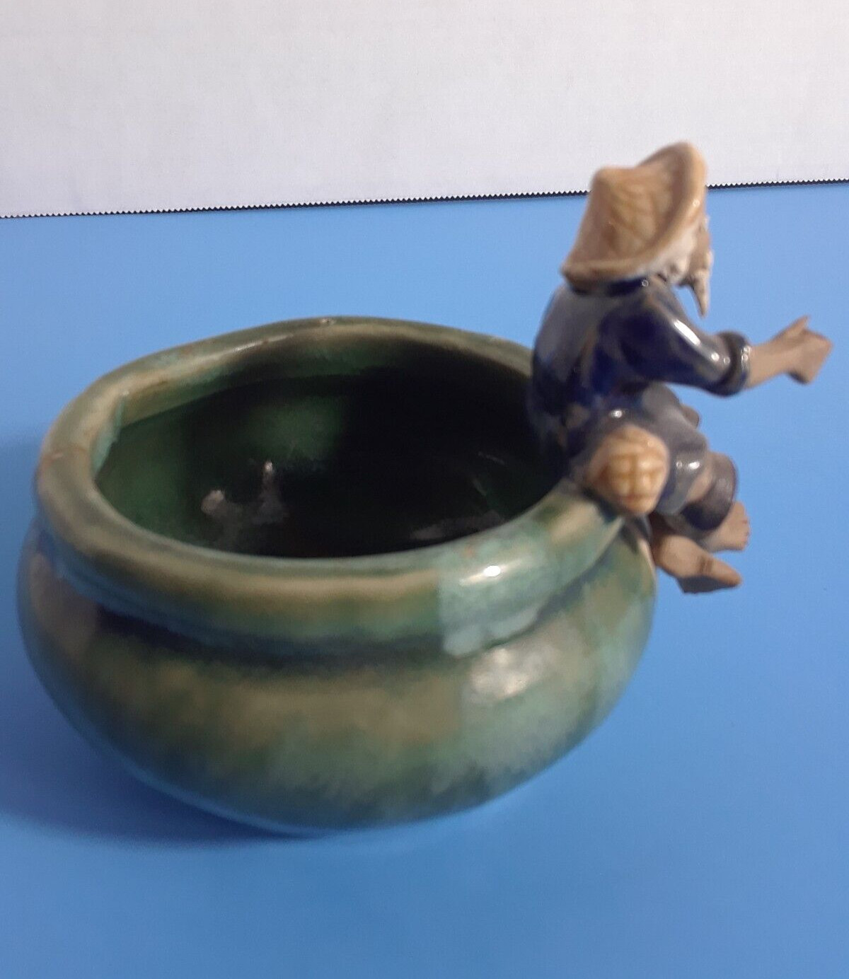 Vintage Chinese Mudman on Side of Round 3.25 in Glazed Pot Trinket Dish