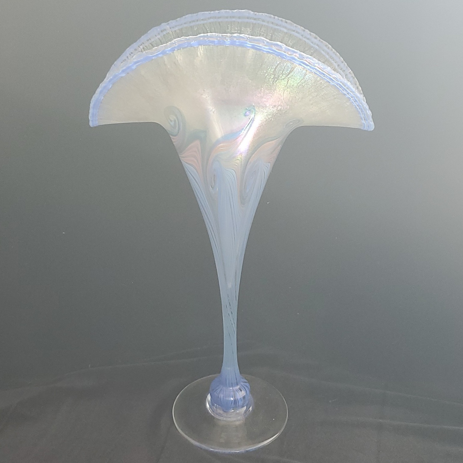 Vandermark Signed Blue Iridescent Art Glass Fan Vase w/ Pedestal Base. 13 3/4 in