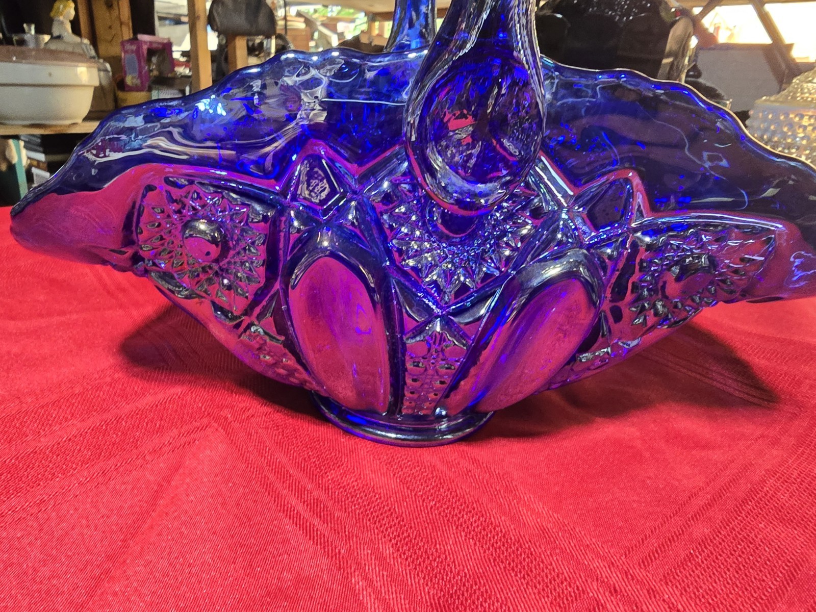Vintage Cobalt Blue Carnival Glass Basket Iridescent Ruffled Edge 12″ Long