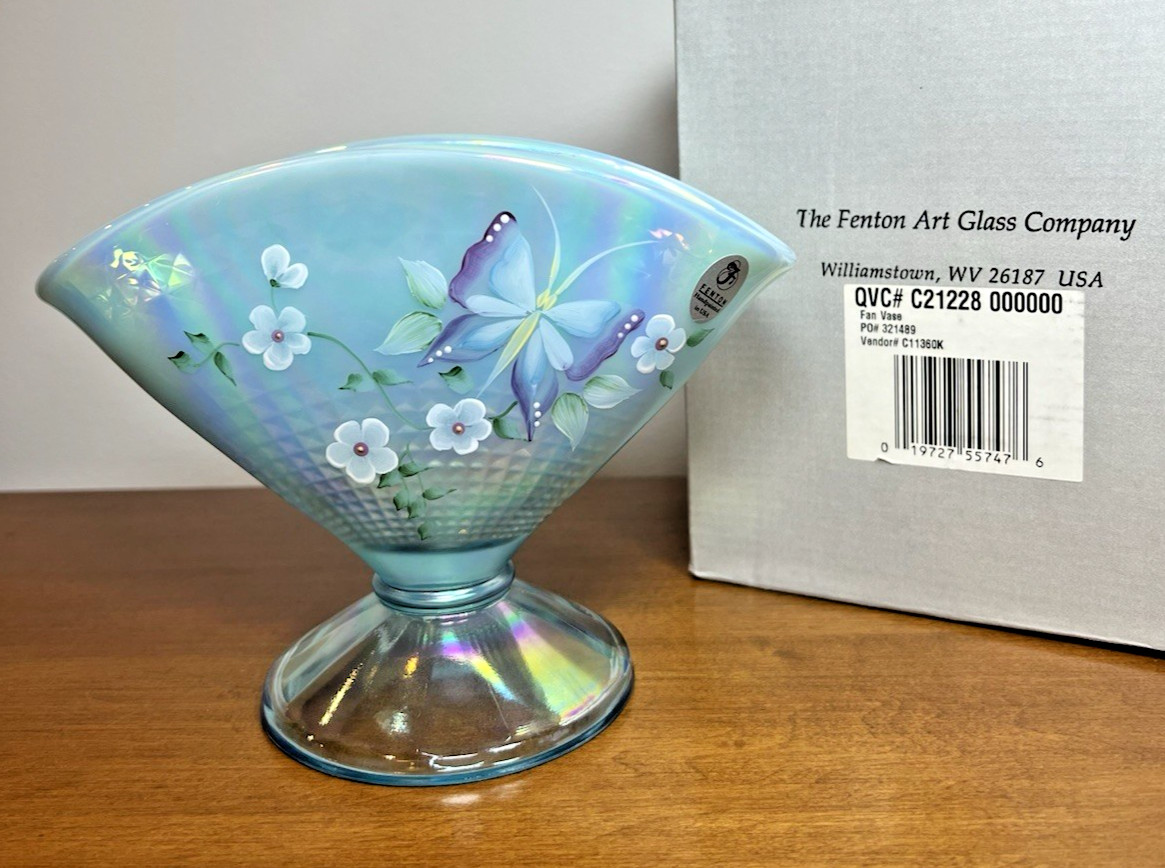 Fenton Aqua Blue Opalescent Iridescent Floral Butterfly Fan Vase w/ Original Box