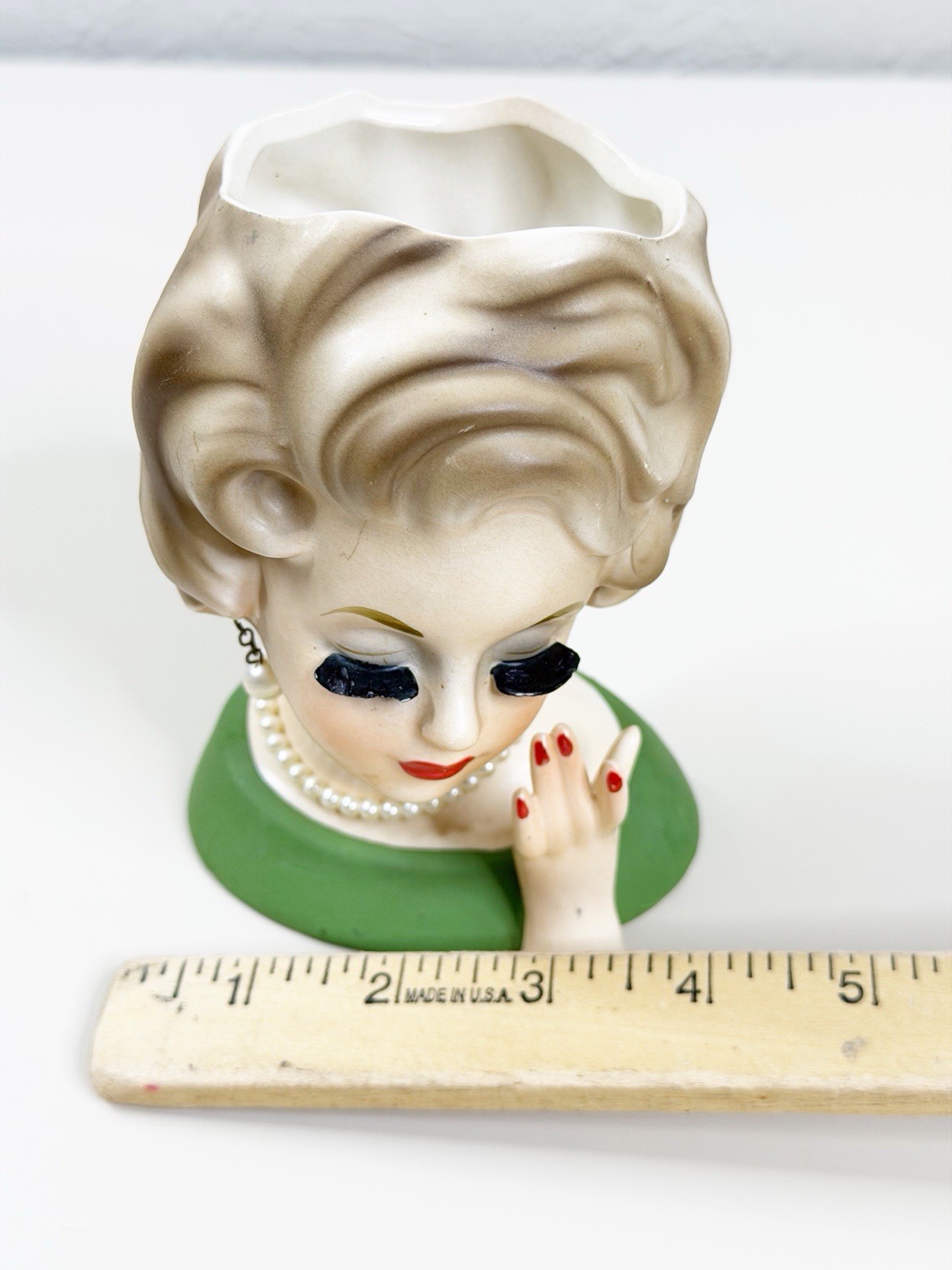 VTG Ardco 6″ Lady Head Vase Planter Green Dress Pearl Earrings Ceramic Japan GUC