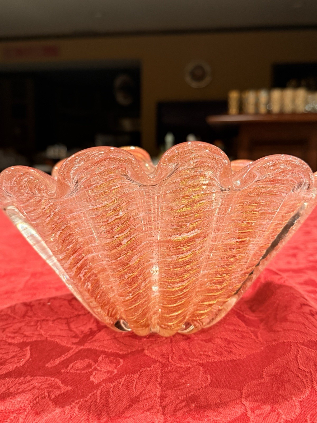 Vintage Italian Murano Art 24K Glass Gold Aventurine Ribbed Bowl Barovier & Toso