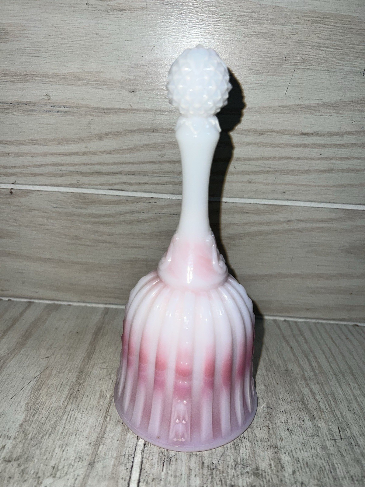 Vintage Fenton Glass Rosalene Pink Satin Opalescent Pearl Bell 6.75″