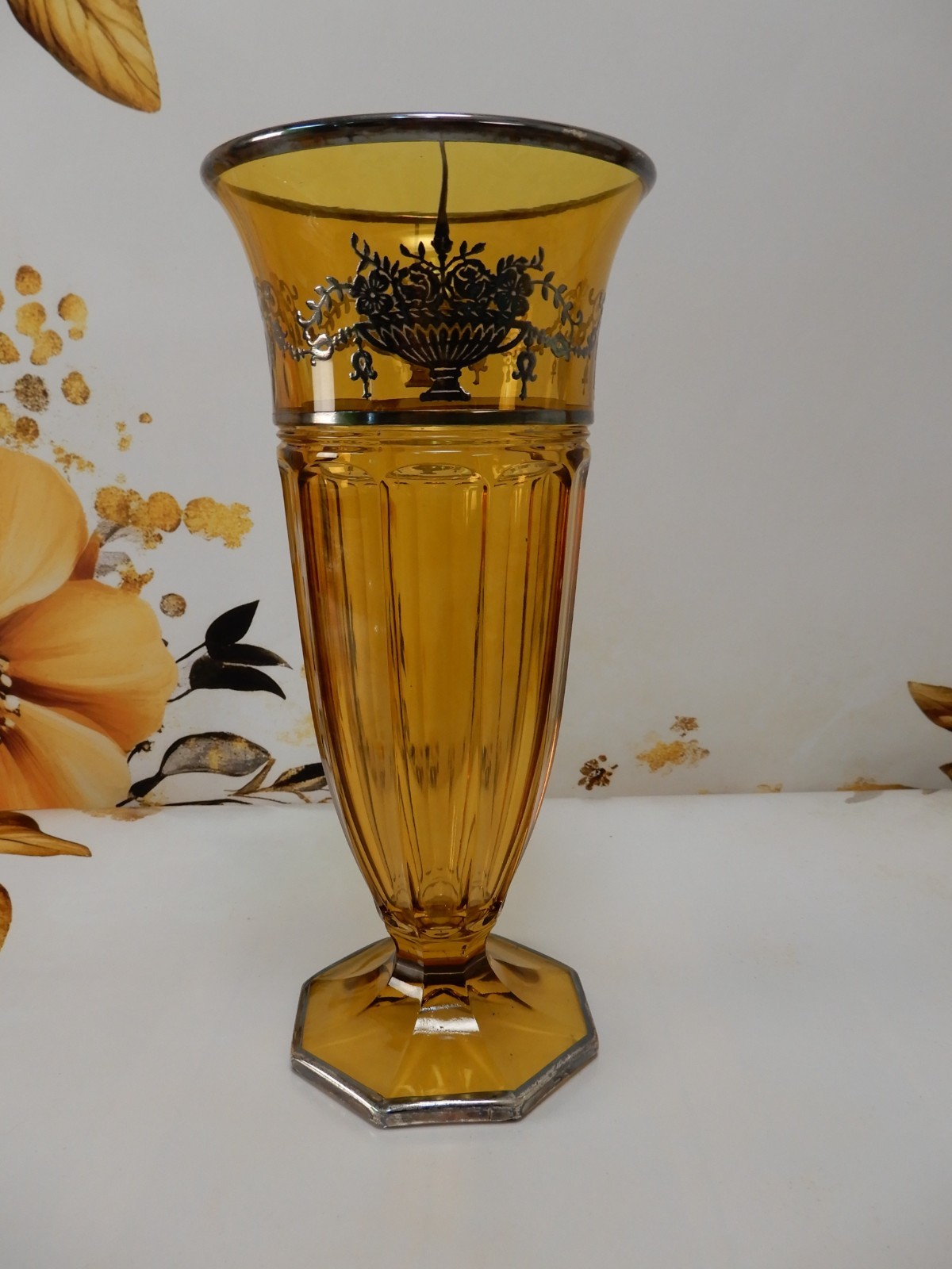Vintage Antique Amber Glass Tall Vase w/ Silver Overlay Decoration