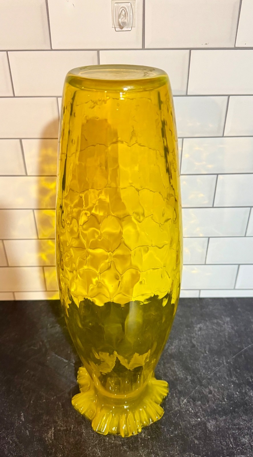 VGC Vintage Empoli Yellow Blown Glass Vase with a Ruffled Rim