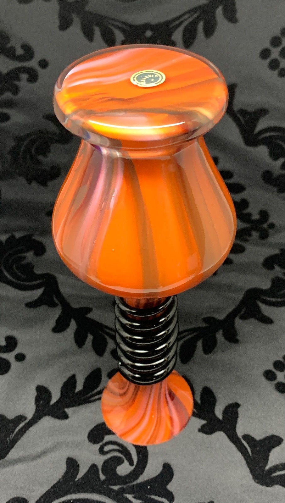 Bavarian Art Glass Vase Orange Swirl with Applied Black Snake Tango Style
