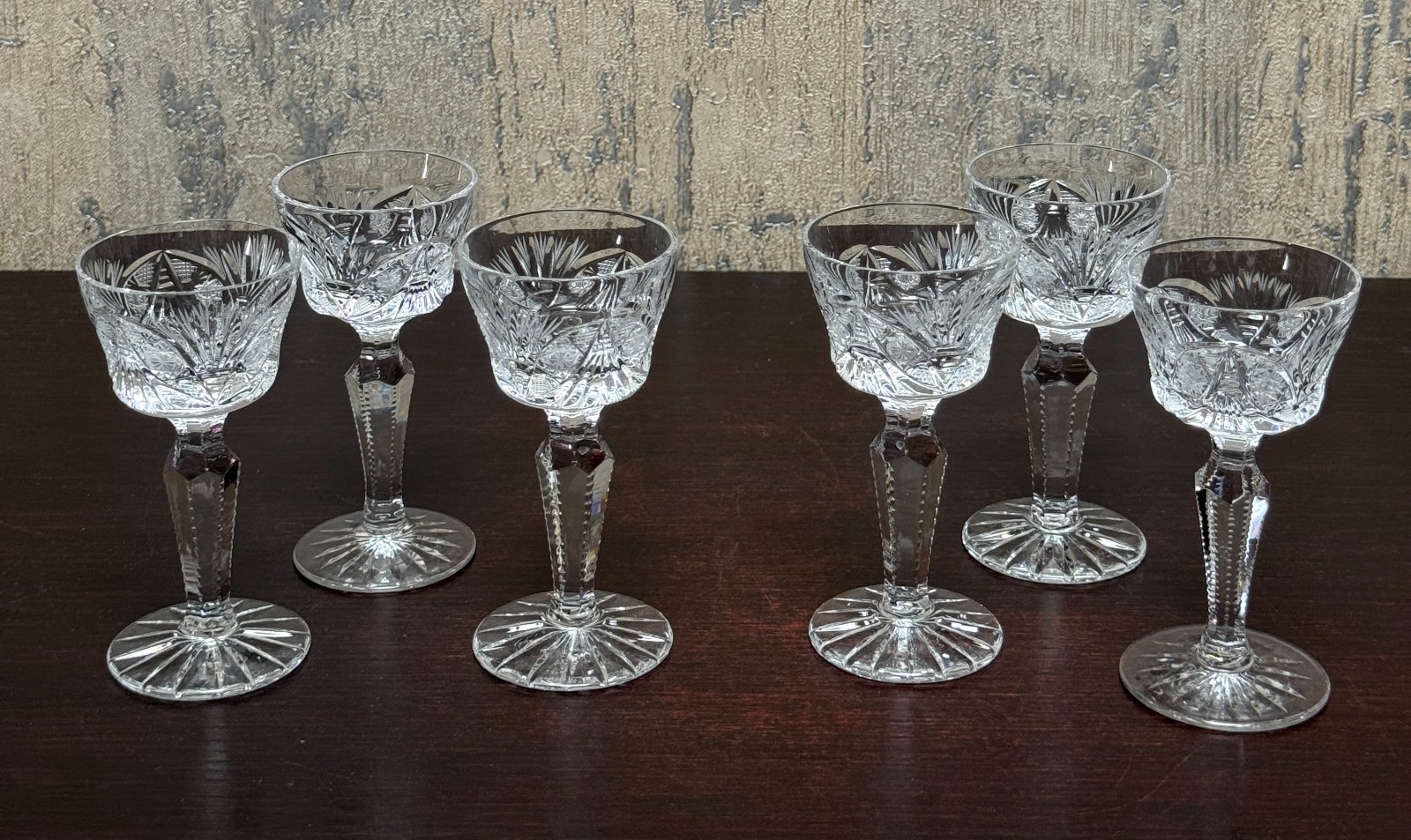 Set of 6 Bohemia Crystal Cordial Port Wine Glasses Faceted Stem Hand Cut Clear