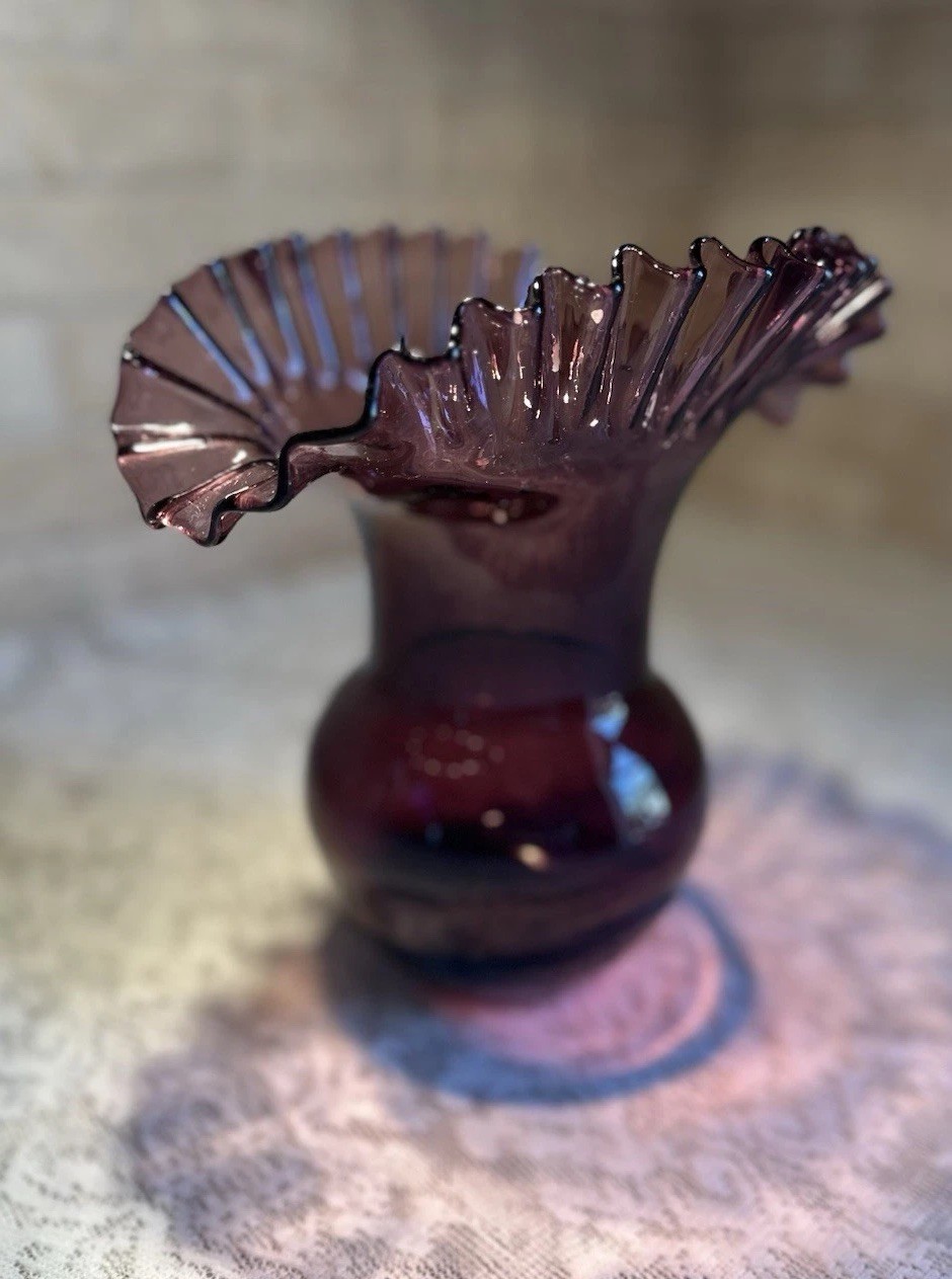Blenko #390 Purple Amethyst Glass Vase, Mid-Century Crimped Rim Hand Blown 7.75”